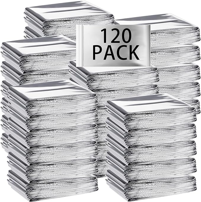Macarrie 120 Pack Emergency Foil Thermal Blankets Silver Foil Survival Blanket Space Blanket Survival Kit for Outdoors, Camping, Hiking, Homeless, Survival or First Aid, Silver