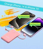 6000mah Ultra Slim Built in Cables Power Bank, Card Size Built in USB C Cords Battery Pack Portable Charger for Phones, 3 Output External Battery Pack Compatible with iPhone, Samsung, Light Pink