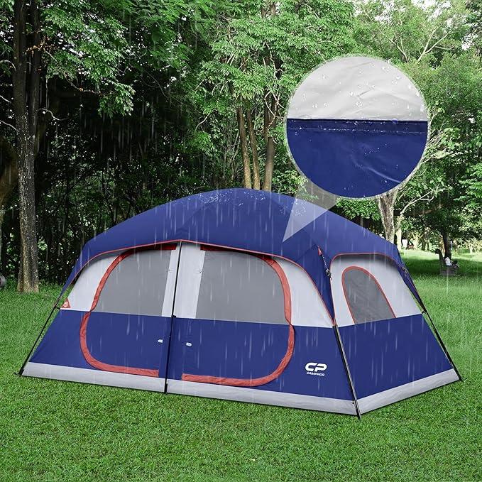 CAMPROS CP Camping Tent 10 Person Family Cabin Tent, 2 Room Water Resistant Waterproof Tent with Top Rainfly, 4 Large Mesh Windows, Double Layer, Easy Set Up, Portable with Carry Bag, 16ft x 9ft x72in