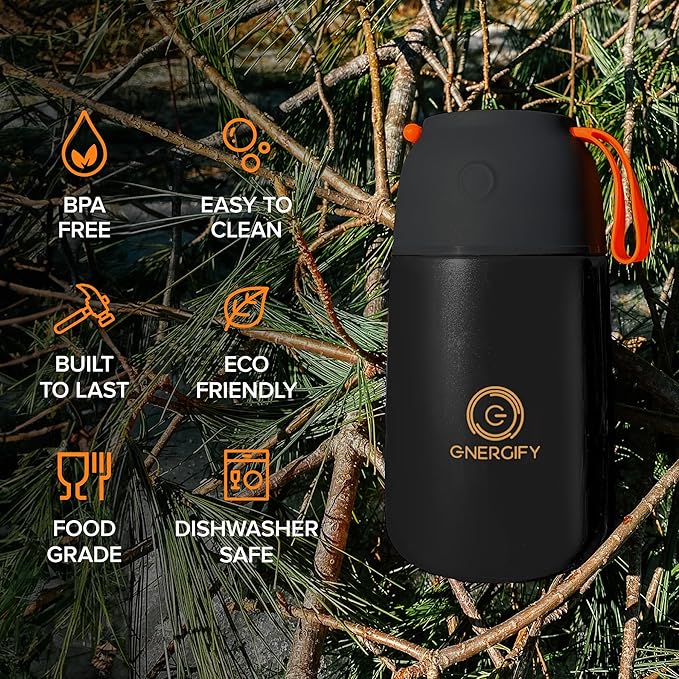 ENERGIFY Vacuum Insulated Food Jar. Large 24oz Bowl incl. Folding Spoon, Cup. Wide Mouth Keep Hot & Cold Drinks Soup Lunch Container for Adults. BPA-Free Stainless Steel, Leak Proof Black Matte