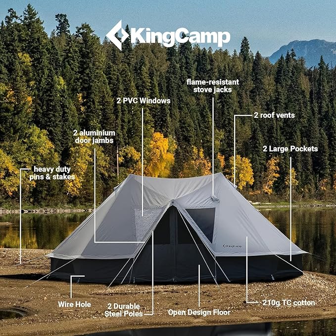 KingCamp Canvas Bell Yurt Tents, 4 Seasons Large Waterproof & Windproof Luxury Glamping Tent w/Stove Jack for Family Outdoor Camping, Hunting, Parties