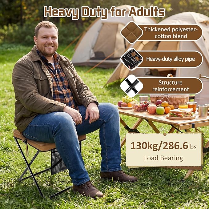 LiKiLiKi Extra Large Foldable Backpack Stool, Heavy Duty Thickened Collapsible Portable Pocket Chair, Compact Pocket Size Travel Seat for Hiking, Fishing, Picnic and Outdoor Activities (Brown)