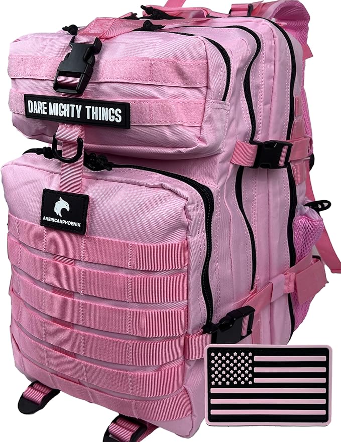 AMERICANPHOENIX 45L Elite Tactical Backpack | 3X Stronger Work & Military Backpack | Water Resistant and Heavy Duty | 3 Day MOLLE Bug Out Bag (Rose Pink)
