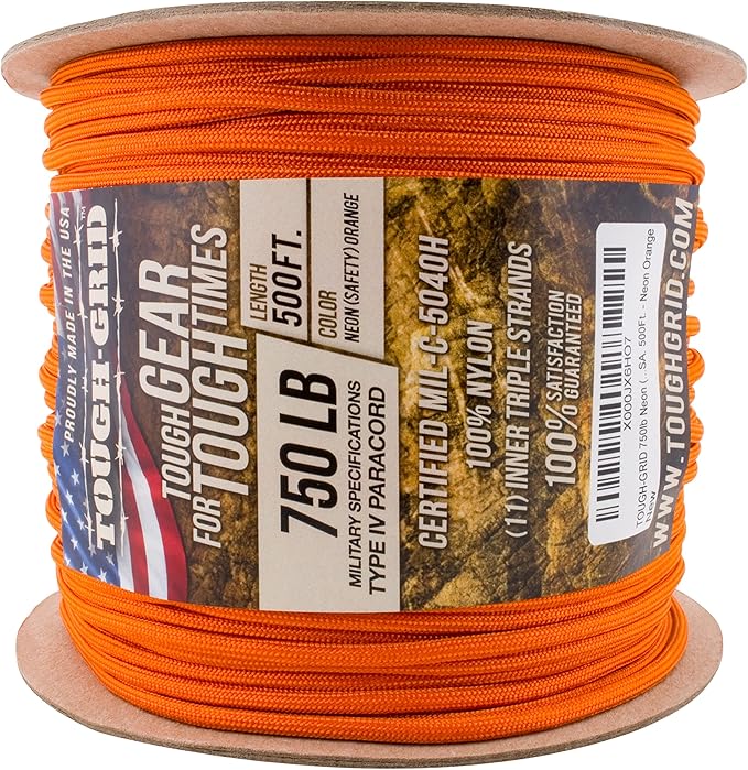 TOUGH-GRID Paracord Rope 750 lbs Nylon Parachute Cord, Made in USA Survival Kit, Outdoor Adventures, Camping, Tactical Gear & Emergency Supplies, Military Type IV Mil-Spec