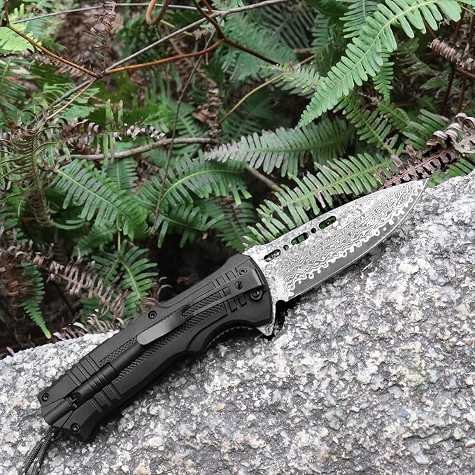 XIPHIAS EDC Tactical Damascus Folding Pocket Knife - 6-in-1 Survival Multitool with LED Light, Magnesium Fire Starter, Whistle, Paracord & Pocket Clip - (Black) - XK039DA-Black
