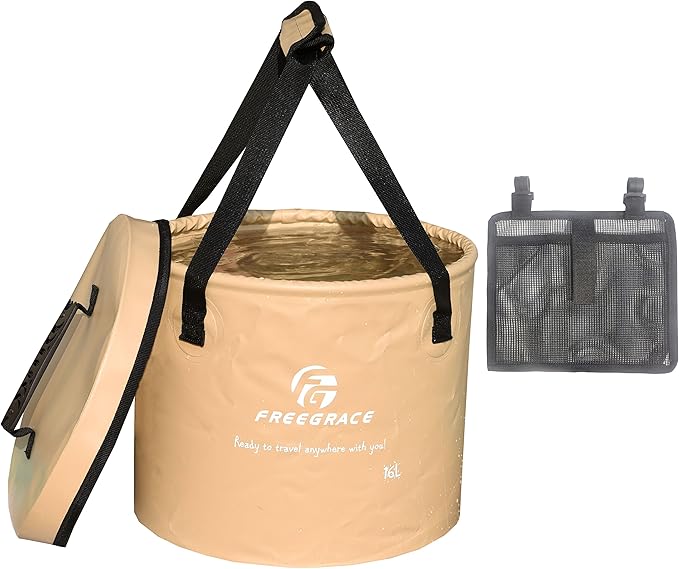 Freegrace Premium Collapsible Bucket -Multifunctional Folding Bucket -Perfect Gear for Camping, Hiking & Travel (Khaki, 10L(Upgraded))