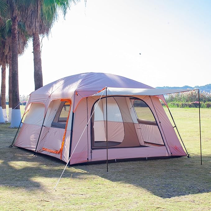 KTT Large Family Cabin Tent 10-12 Person,14.1X10X6.58ft,2 Rooms,3 Storage Pockets,2 Bay-Windows 3 Doors and 3 Windows with Mesh,Straight Wall,Waterproof,Double Layer,Big Tent for Outdoor,Camping