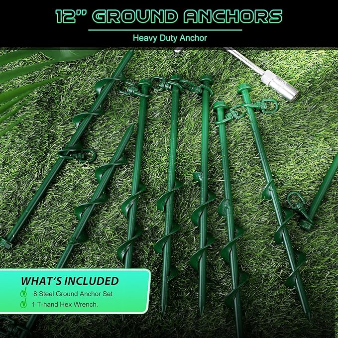 Zhengmy 8 Pcs Ground Anchors Screw in, 12 Inch Heavy Duty Tent Stakes with Trampoline Anchor Hook Ground Stakes for Camping Tent Canopies Ports Sheds Swing Sets Securing Animals (Green)