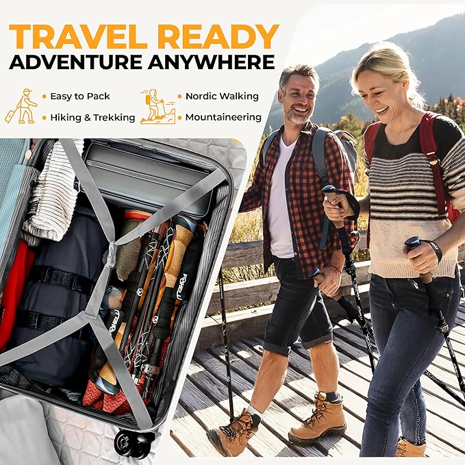 Foxelli Lightweight Trekking Poles – Compact Walking Sticks with Quick Locks, Ergonomic Cork Grip & All-Terrain Accessories – Adjustable Collapsible Poles for Travel & Hiking