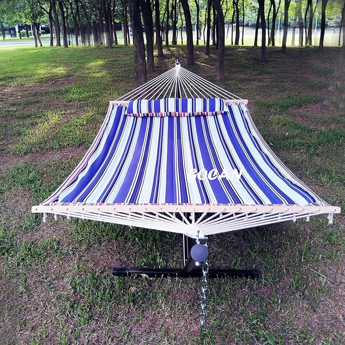 Quilted Fabric Double Hammock Won't flip with Stand and Spreader Bars,Safer and Sturdier,Quality Hammocks for Outdoor Indoor Patio Yard Two Sided Dual use red/Blue