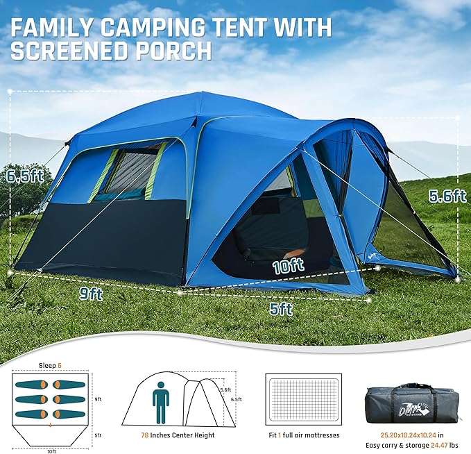 Tents for Camping 6/8/10 Person Camping Tent with Screen Porch, Weatherproof Large Cabin Tent with Rainfly and Carry Bag, Family Tent for Outdoor Camping and Backyard