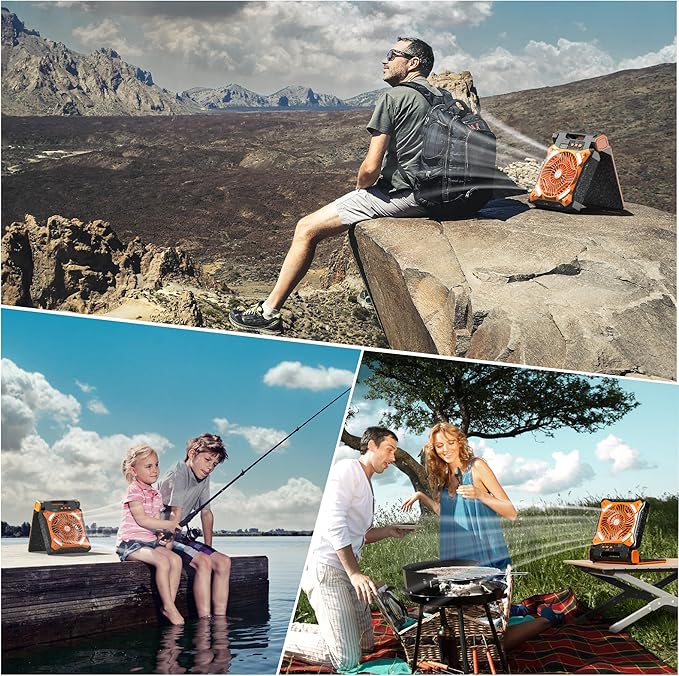 KITWLEMEN Upgraded Solar Camping Fan with Lantern - Rechargeable Battery Operated Fan, 36H Run Time Max, 4 Speeds, 8H Timer, 90° Adjustable Portable Desk Fan for Hurricane, Power Outage, Outdoor Use