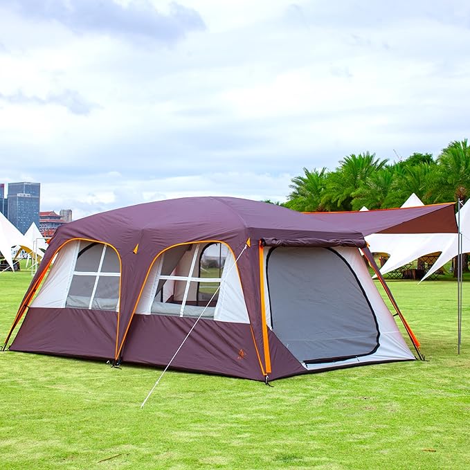 KTT Extra Large Tent 12 Person,Awning Family Cabin Tents,2 Rooms,3 Doors and 3 Windows with Mesh,Straight Wall,Waterproof,Double Layer,Big Tent for Outdoor,Picnic,Camping,Family Gathering