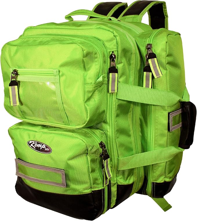 Kemp USA Ultimate EMS Backpack - Emergency Supplies - EMT Bag Fits BLS/ALS Equipment and D Tank Oxygen Cylinder - Multiple Grab Points, Chest & Waist Support Straps & Color-Coded Pouches (Neon Green)