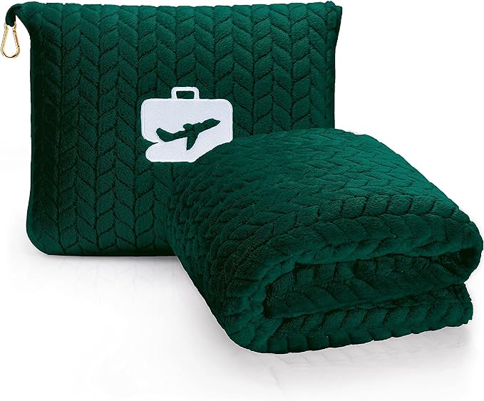 EverSnug Premium Travel Blanket Pillow - Soft 2 in 1 Airplane Blanket with Soft Bag Pillowcase, Hand Luggage Sleeve and Backpack Clip (Forest Green)