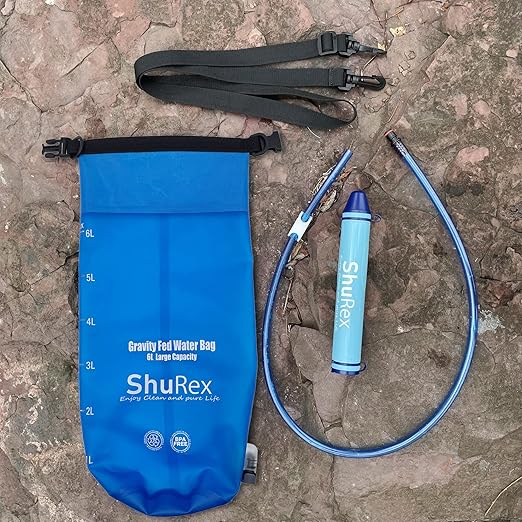 Gravity Fed Water Filtration System with Adjustable Tree Strap, 1.5 Gal Large Gravity Bag with Filter Straw, Water Purifier Survival for Travel, Backpacking, and Emergency Preparedness (6L)