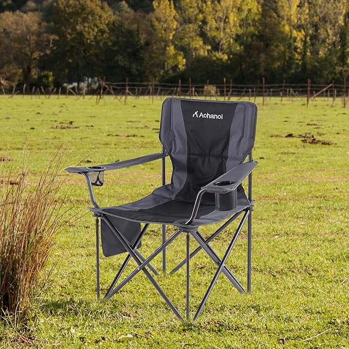 Oversized XL Camping Chairs for Adults, Padded Folding Camp Chair with High Back, Cup Holder & Side Pocket for Outside, Lawn, Beach, Fishing, Sports, Folding Heavy Duty Chairs, Black