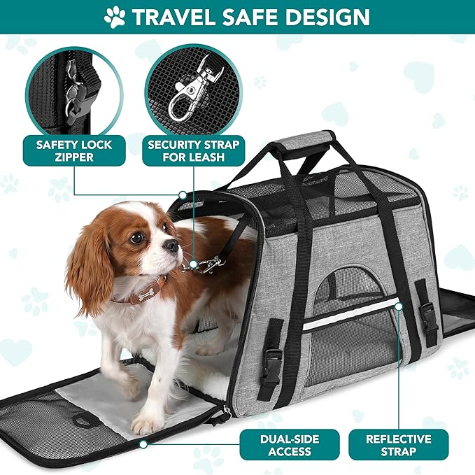 PetAmi Airline Approved Pet Carrier for Cats & Small Dogs, Soft Sided TSA Travel Carrier Bag Sherpa Bed, Breathable Mesh Ventilation, Collapsible Bowl, Fit Under Seat, Up to 18 lbs, Large Heather Gray