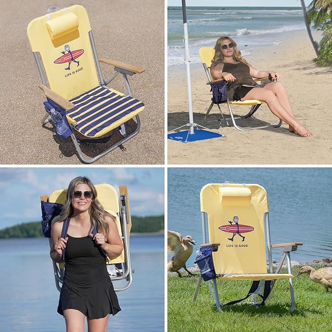 Life is Good 2-Pack 4-Position Aluminum Backpack Beach Chairs, Portable Folding Camp Chairs with Carrying Straps for Camping, Beach, Tailgating, Multi Color