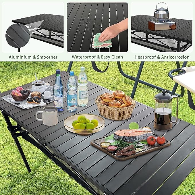 Large Folding Camping Table Aluminum with Storage for 4-6 People 55"X27.5" Roll Up Tall Outdoor Portable Table Lightweight with Carry Bag for Picnic BBQ Backyard Beach