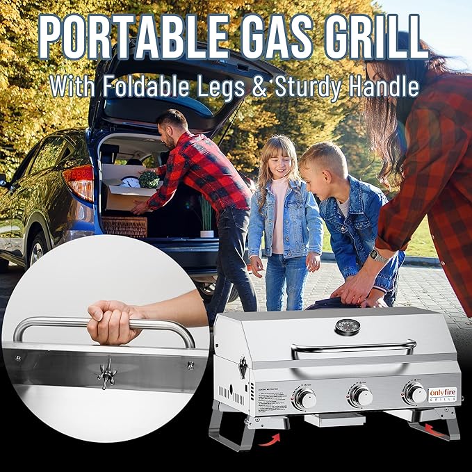 Tabletop Gas Grill 3 Burners, Portable Propane BBQ Grill with Foldable Legs for Outdoor Barbecue Patio Backyard Camping, Tailgating, RV Trip, Heavy Duty & 24000BTU, GS307