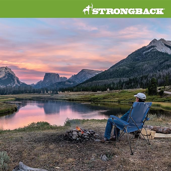 STRONGBACK Elite Folding Camping Lawn Lounge Chair Heavy Duty Camp Outdoor Seat with Lumbar Support and Portable Carry Bag - Navy/Grey