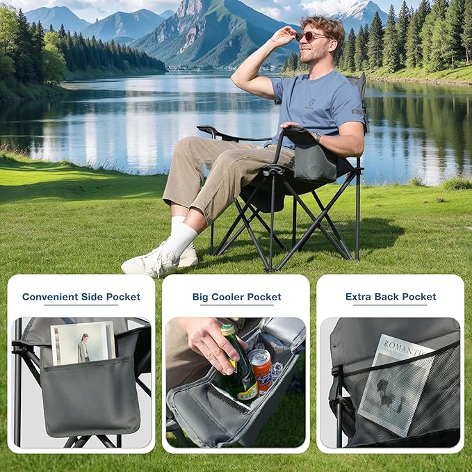 2 Pack Oversized Folding Camping Chair, Heavy Duty Support 500LBS Outdoor Chair with Cup Holder Storage and Cooler Pouch, Collapsible Padded Arm Chair for Sports Garden Beach Fishing, Grey