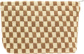 PAZIMIIK Knitted Checkered Makeup Bag Large Zipper Make Up Accessory Pouch for Purse Cosmetic Brush Bag for Travel Essential,Coffee