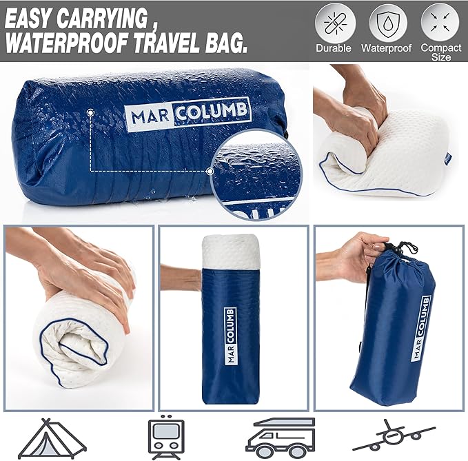 Travel & Camping Comfortable Memory Foam Pillow – Easy to Carry Portable Bag – Temperature Regulating Pillow Case - Perfect for Travelling (White)