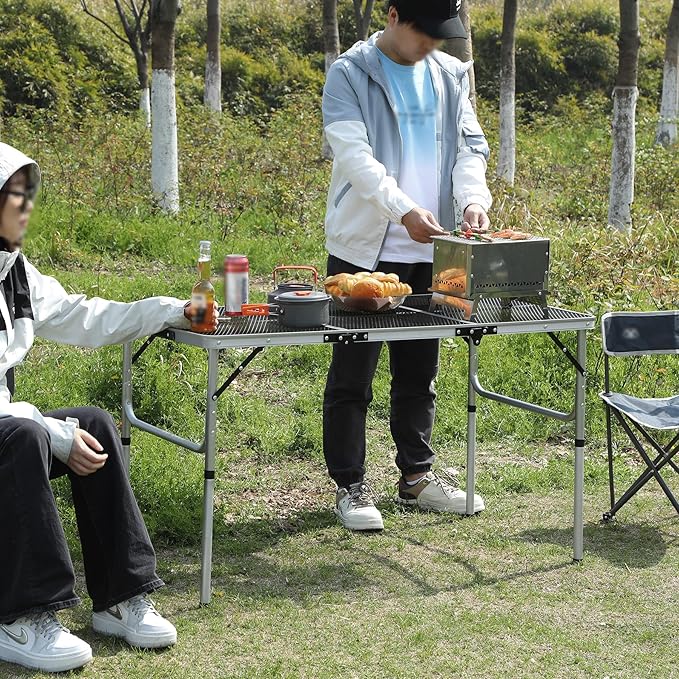 REDCAMP 48x24 Long Folding Grill Table for Outside, Lightweight Portable Metal Aluminum Outdoor Grill Table with Adjustable Height Legs, Great for Camping Picnic Cooking BBQ, Silver 4ft