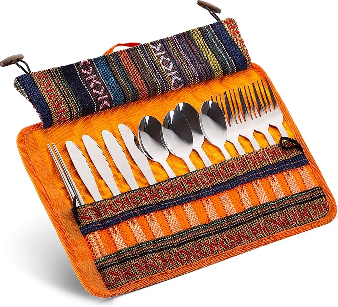 13 Piece Stainless Steel Family Cutlery Picnic Utensil Set with Travel Case for Camping | Hiking | BBQs - Includes Forks | Spoons | Knifes | Chopstick, Plus Nylon Commuter Case (Orange)
