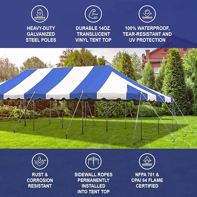 Party Tents Direct 20'x40' Weekender Canopy Pole Tent - Easy Up Canopy Tent with 160 Person Capacity - Outdoor Canopies for Parties, Weddings, & Events (Blue/White Top)