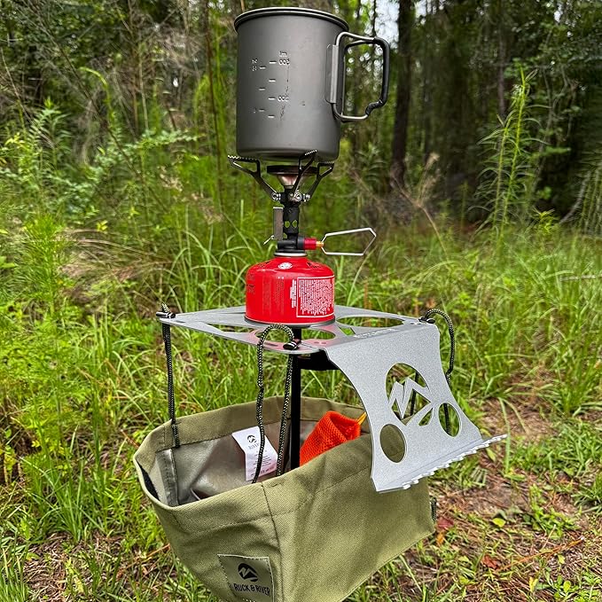 Ruck & River Camping Table - Compact and Lightweight 8"x8" Aluminum Top with Cup Holders, Adjustable Height, Easy to Assemble, Portable Outdoor Table for Camping, Hiking, Fishing, Beach, Hammock