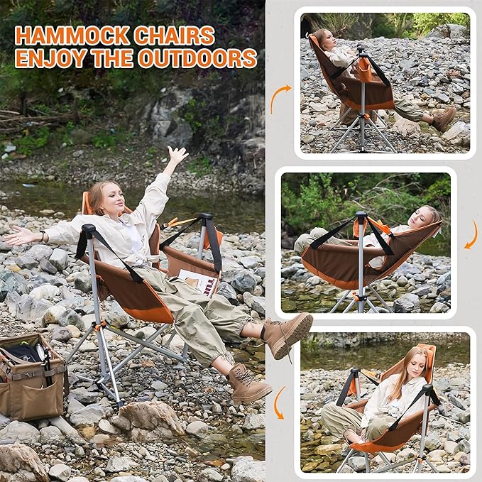KingCamp Hammock Chair with Footrest, Swinging Portable Folding Camping Chairs for Adults MAX 440lbs Heavy Duty Foldable Oversized Rocker with Cup Holder Pillow for Outdoor Beach Patio Sport Lawn