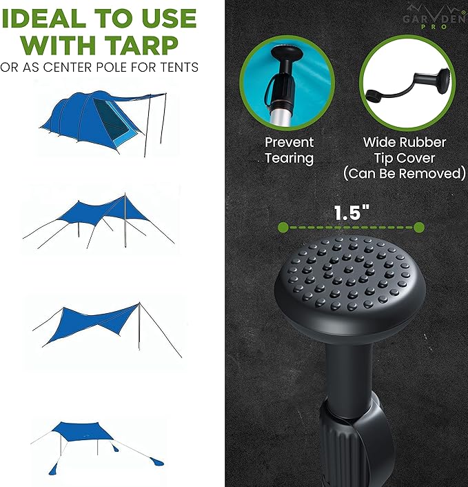 Telescoping Tarp Poles | Replacement Canopy Adjustable Aluminum Rods, Portable & Lightweight for Tent Fly, Awning, Outdoor Camping, Hiking, Backpacking & Rainfly + Pegs & Reflective Ropes