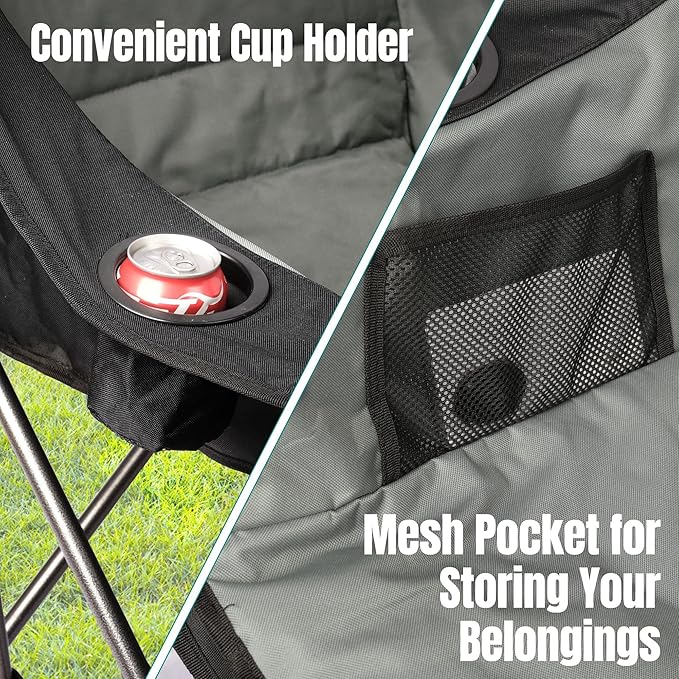 Oversized Camping Chair with Cooler Bag, XL Fully Padded Folding Portable Camping Chairs for Adults, Big Heavy Duty Outdoor Patio Lawn Chair with Arm Cup Holder Supports 450lbs