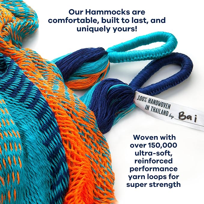 Handwoven Hammock by Yellow Leaf Hammocks - Double Size, Fits 1-2 PPL, 400lb max - Weathersafe, Super Strong, Easy to Hang, Ultra Soft, Artisan Made - Color: Blue - Orange