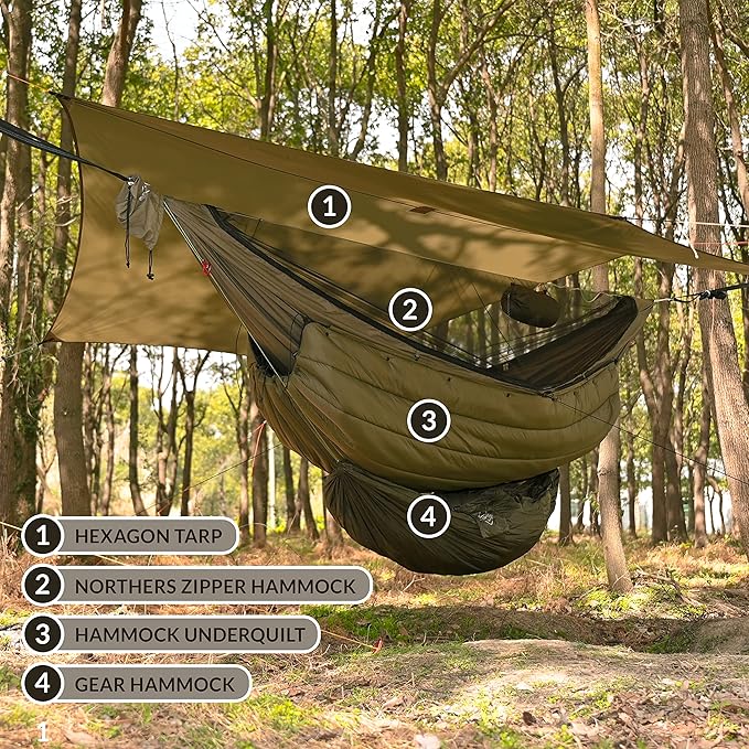 Onewind 11ft Zipper Hammock with Mosquito Net for Camping, Portable Double-Layer Northers Hammock with Adjustable Ridgeline for Camping, Hiking and Backpacking, OD Green, Sleeping Pad Not Included