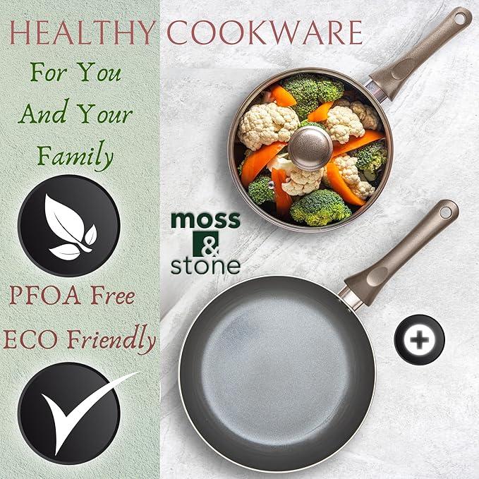 Moss & Stone 6 Pcs Dark Grey Nonstick Cookware Set, Pots And Pans Set Non stick With Glass Lid, Induction Cookware, Stay-Cool Handle PTFE/PFOA Kitchen Pots 6-Piece with Frying Pans & Saucepan
