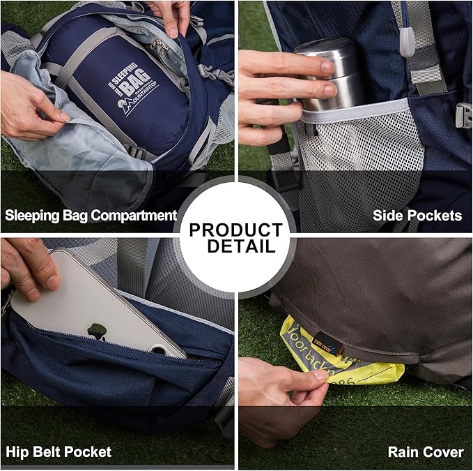 MOUNTAINTOP 70L Internal Frame Backpack Camping Backpacking Hiking Backpack for Men Women with Rain Cover