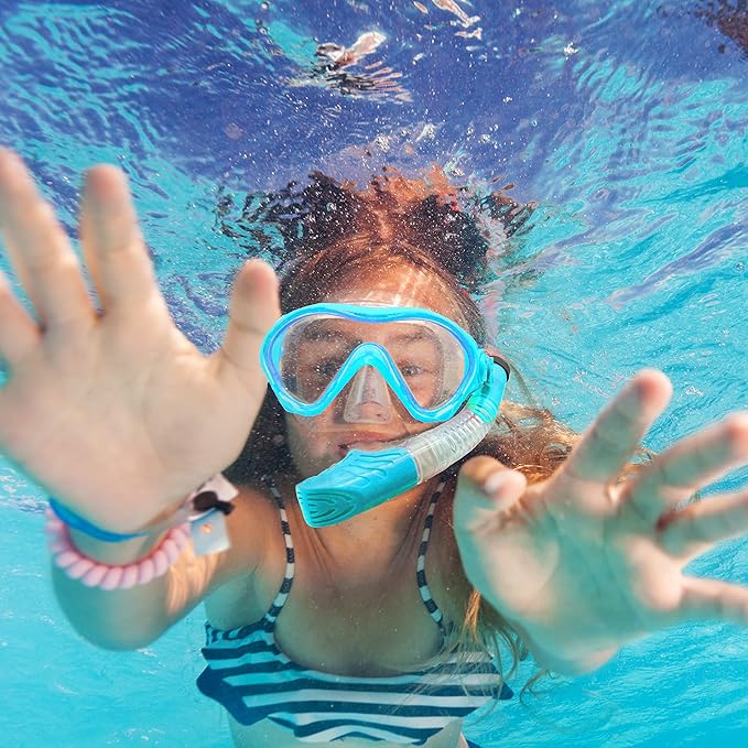 Kids Mask Fins Snorkel Set Snorkeling Packages, with Diving Mask, Snorkel, Adjustable Swim Fins, Mesh Bag, Anti-Fog Anti-Leak Snorkeling Gear for Kids for Snorkeling Swimming Diving