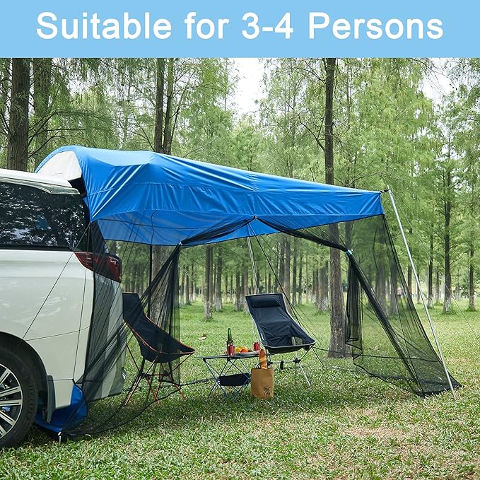 G4Free Car Awning Sun Shelter with Mosquito Net, Portable SUV Tent Tailgate Shade Car Canopy for Outdoor Camping Travel (Blue)