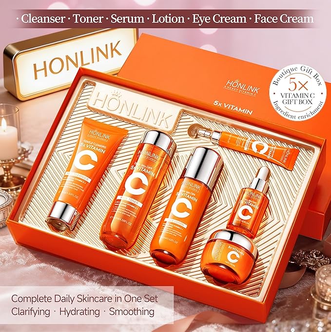6-Piece Hydrating Skincare Set with Vitamin C & Niacinamide, Face Care Kit Includes Toner, Serum, Cleanser, Moisturizer, Eye Cream & Body Lotion for Daily Skin Care & Self Care
