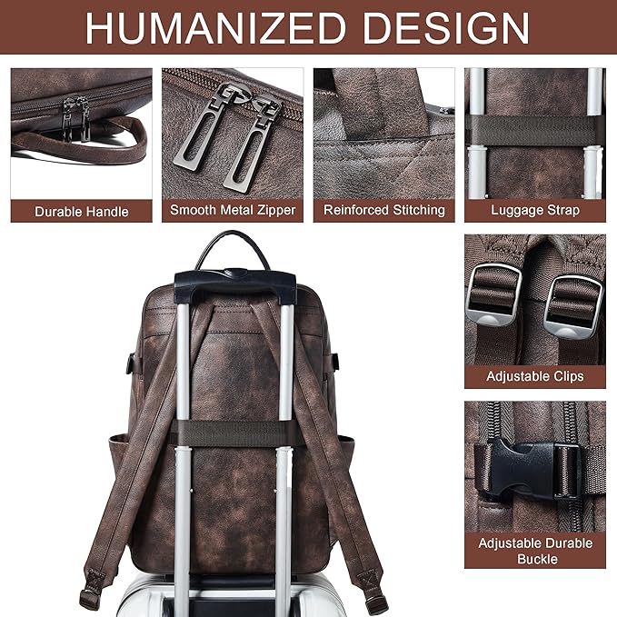 Travel Backpack for Women, Fits 17.0" Notebook, Stylish Lay-Flat Carry-on Vegan Leather Backpack with Luggage Strap for Travel and Daily Use