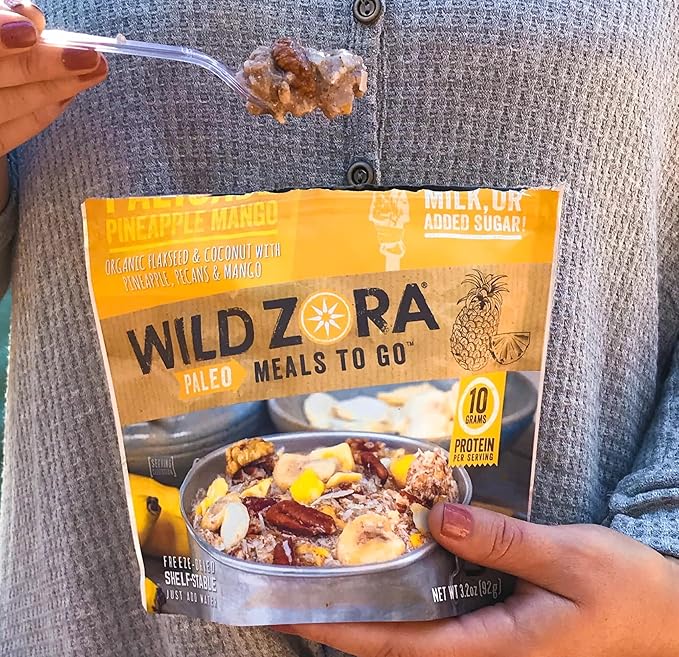 Wild Zora Paleo Freeze Dried Breakfast Meals, 6 Pack, Gluten Free Camping and Backpacking Food, No Added Sugar, Healthy On-the-Go Travel Meal, Coconut Berry, Cacao Banana, and Pineapple Mango Flavors
