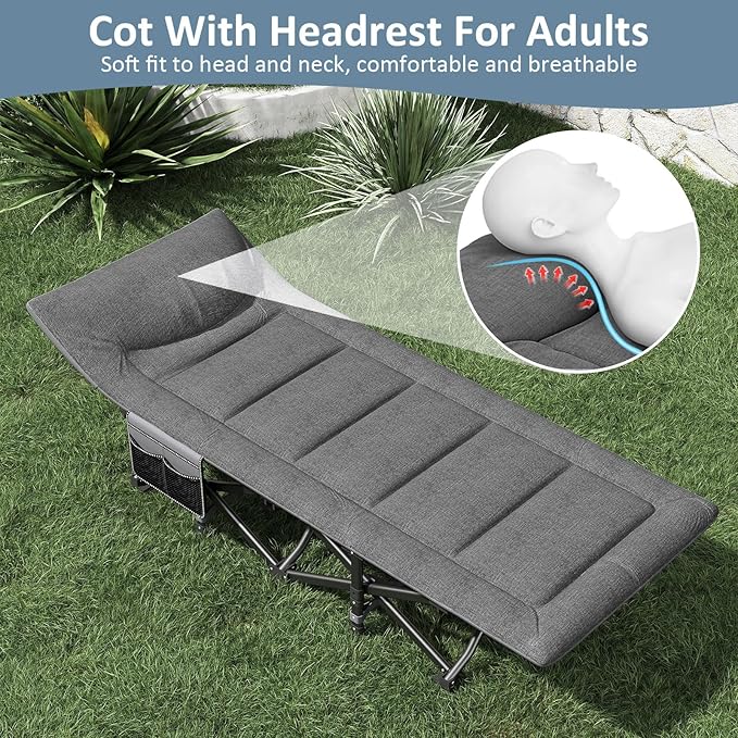 Camping Cot, Folding Cot Bed for Adults with Built-in Mattress and Pillow, Portable Outdoor Sleeping Cot for Camping and Travel, with Carry Bag, Grey, Max Load 450 LBS
