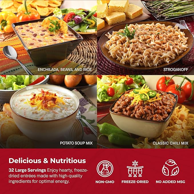 Legacy Food Storage 32 Serving Emergency Food Supply Bucket, 8 Entrees, 12,440 Total Calories, Shelf Stable Lunch & Dinner, Freeze Dried Survival Meals for MRE Camping, Hiking, Prepping