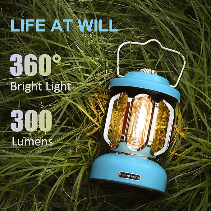 Rechargeable LED Camping Lanterns, 2000mAh Vintage Camping Lights Battery Operated Rechargeable , Hanging Retro Metal Hiking Tent Lamp for Emergency, Hurricane,Decoration,Home,Blue, 1 Pack