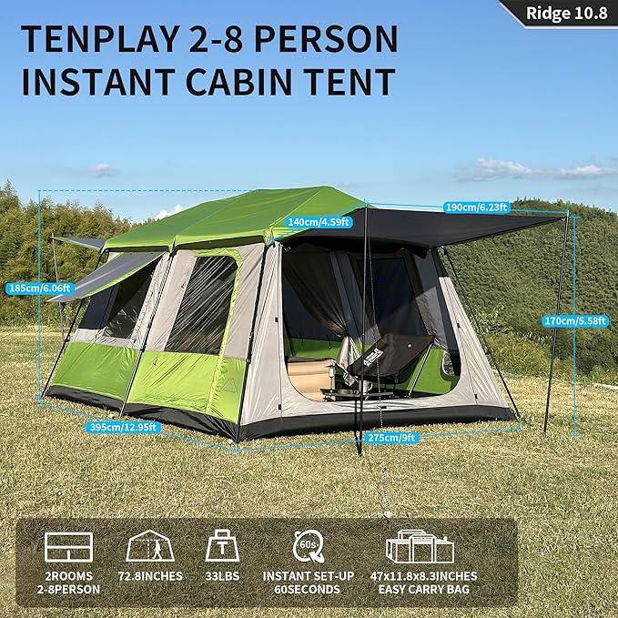 Tenplay 2-8Person Instant Pop-Up Family Tent,Family Large 2 Room Camping Tent, Easy Setup in 60s,Includes Rainfly,Room Divider,Carry Bag, Large Cabin Multi Room Tents for Camping Hiking Sleepover