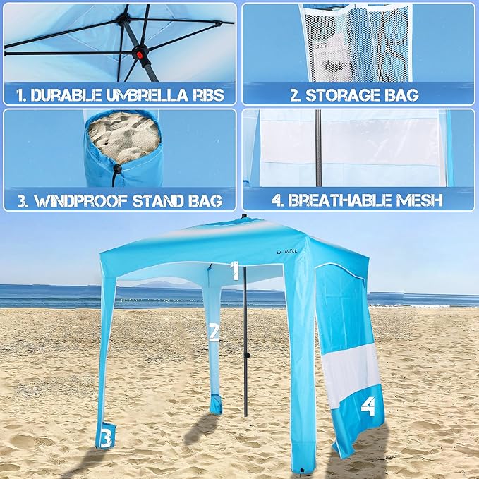UPWELL Beach Tent Easy Set Up Canopy Sun Shelter Shade with UPF 50+UV Protection Portable Beach Umbrella Outdoor Sunwall with Sand Pockets for Fishing Backyard Camping (Gradient Blue)